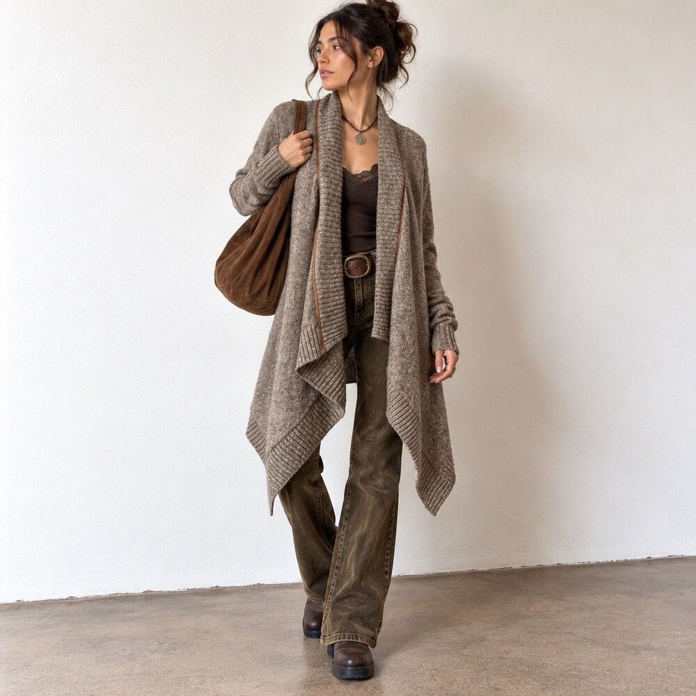 LA Made Wool Alpaca Cardigan M Leather Trim Waterfall Duster Sweater Boho Y2K